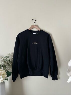 Aritzia Embroidered Spellout Cozy Fleece Perfect Crew Sweatshirt Black